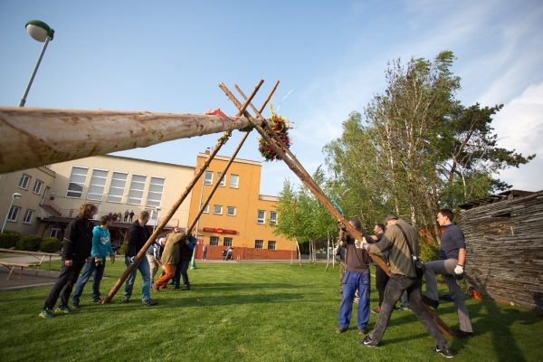 U kulturního domu stojí májka, zkušení stavitelé si poradili i se silným větrem